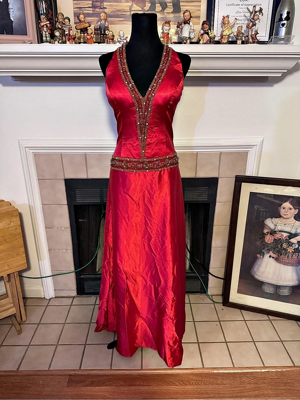 Vintage GiGi Red Satin Halter Formal with a Beaded Accents on Bodice and Waistli